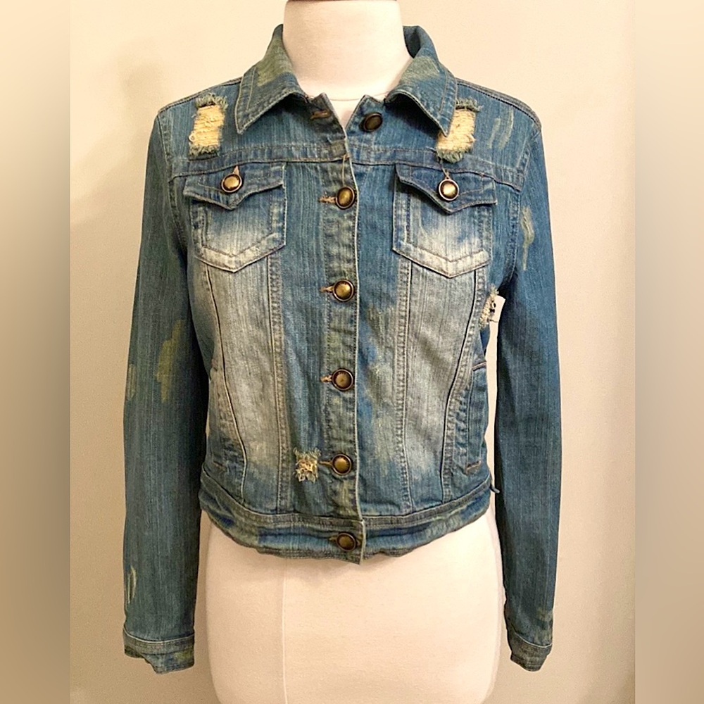 Jou Jou Blue M Distressed 90s Grunge Edgy Streetwear Festival Faded Jean Jacket